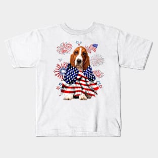 Basset Hound Dog American USA Flag 4th of July Dog Lover Kids T-Shirt